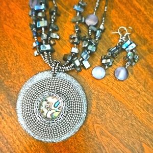 Abalone beaded jewelry set necklace, bracelet & earrings silver tone grays EUC